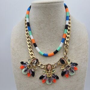 J Crew Marla Multi Color BOHO Double Strand Statement Necklace